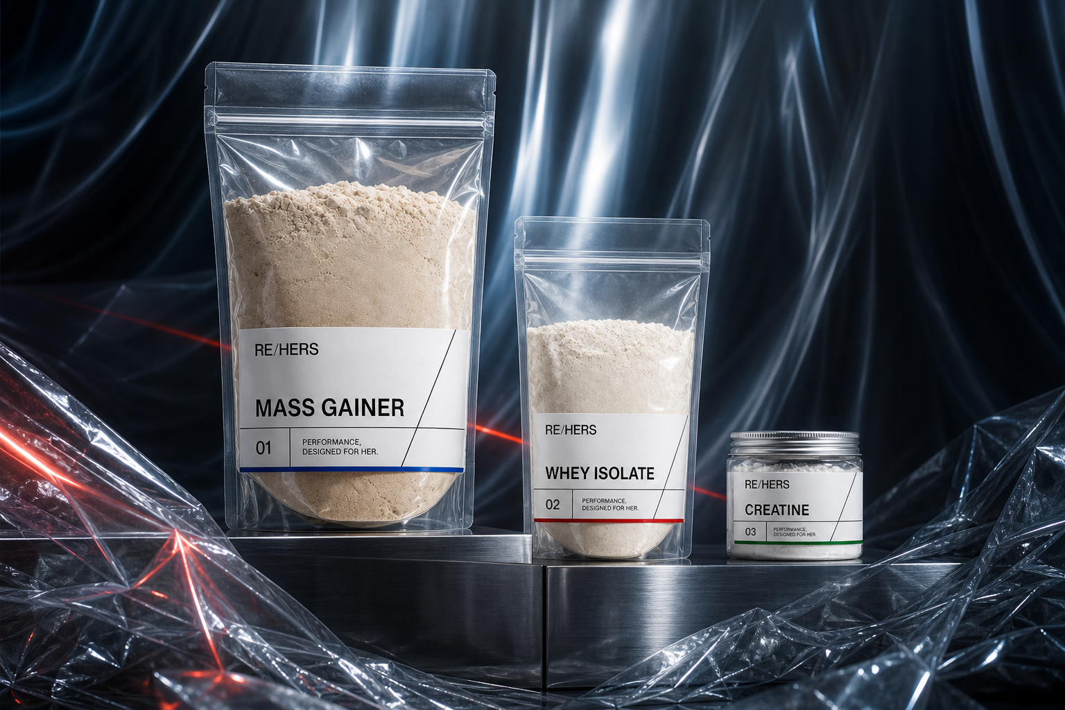 RE/HERS supplement range - mass gainer, whey isolate and creatine